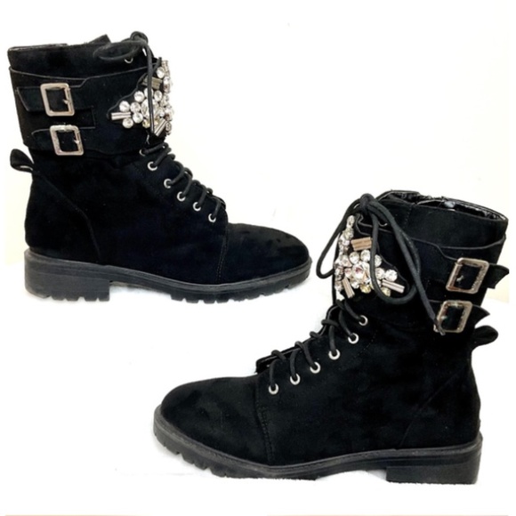 BLACK SUEDE ROUNDED TOE SIDE ZIP BUCKLE LACE UP ANKLE BOOTS WITH CRYSTAL DETAIL - Picture 3 of 16